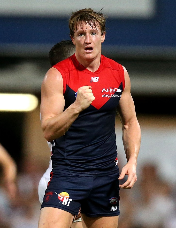 AFL 2016 Rd 16 - Melbourne v Fremantle DARWIN, AUSTRALIA - JULY 09: Aaron vandenBerg of the Demons celebrates a goal during the 2016 AFL Round 16 match between the Melbourne Demons and the Fremantle Dockers at TIO Stadium on July 9, 2016 in Darwin, Australia. (Photo by Justine Walker/AFL Media)